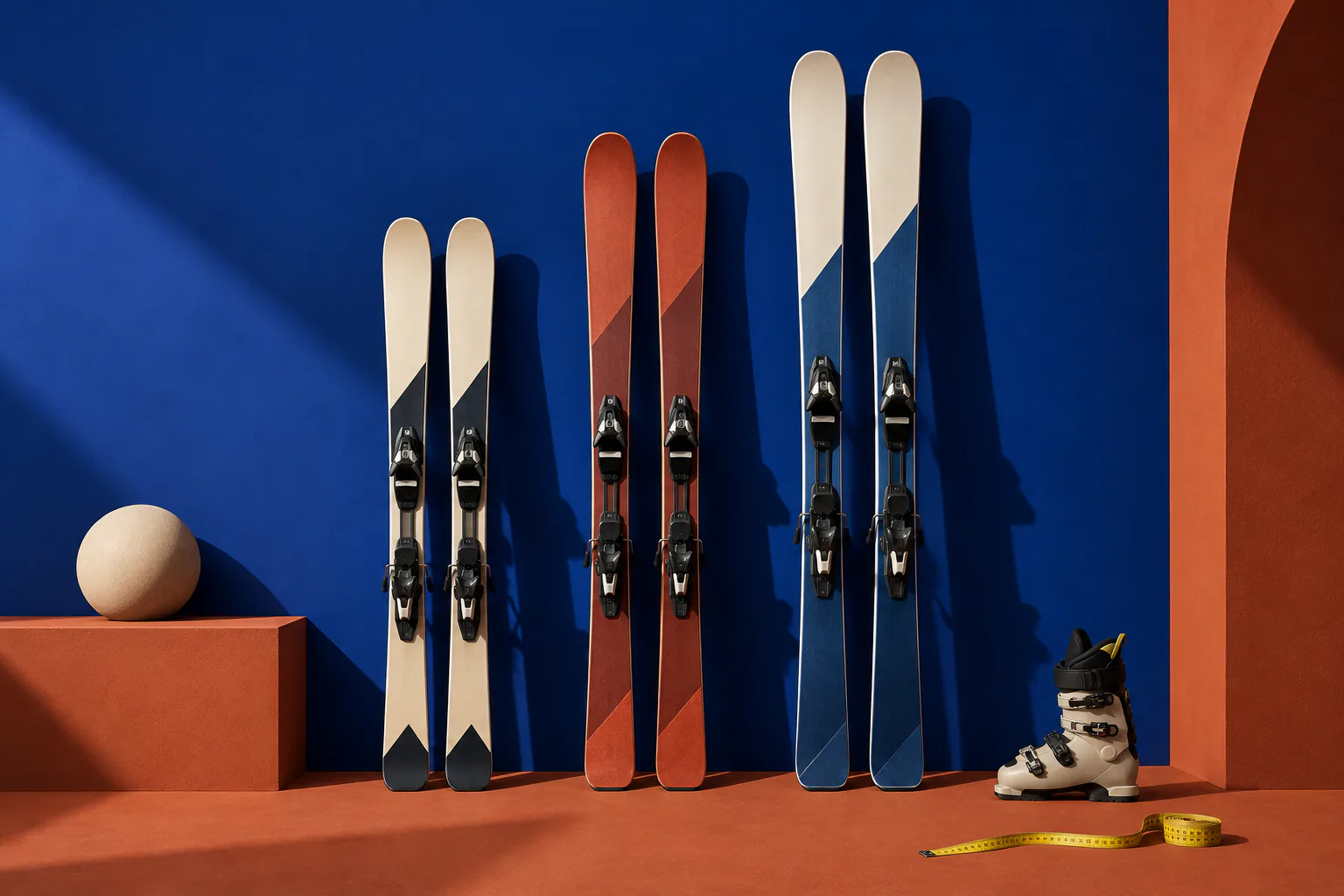 AI-generert fargerikt studiofoto av tre par alpinski i stigende lengde