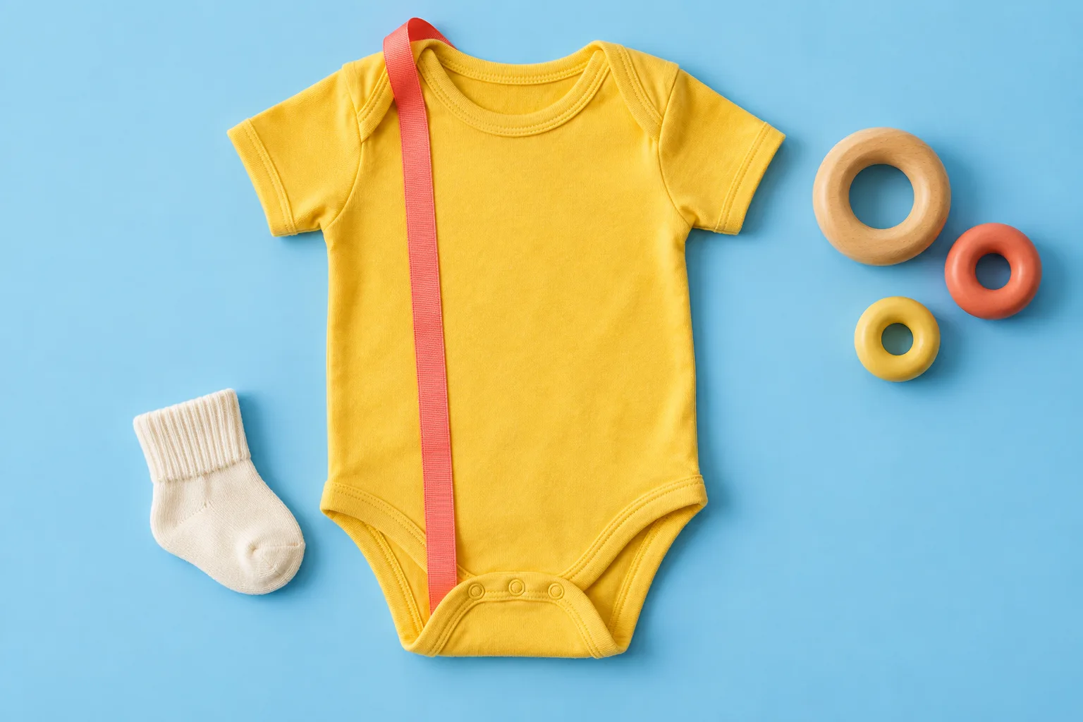 AI-generert produktfoto av en gul babybody som måles i lengden på blå bakgrunn