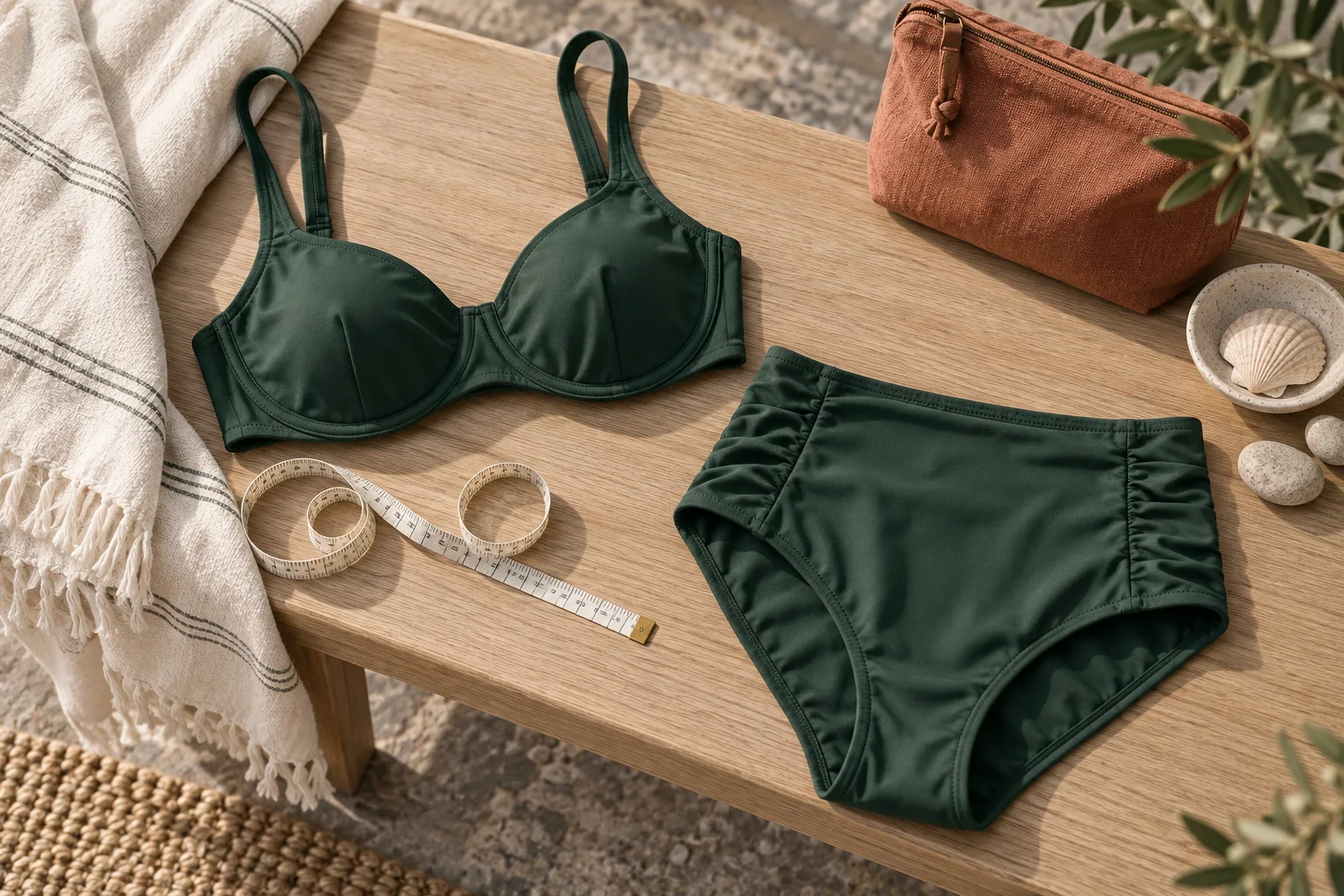 AI-generert stilleben av separat bikinioverdel og bikiniunderdel ved siden av et mykt målebånd