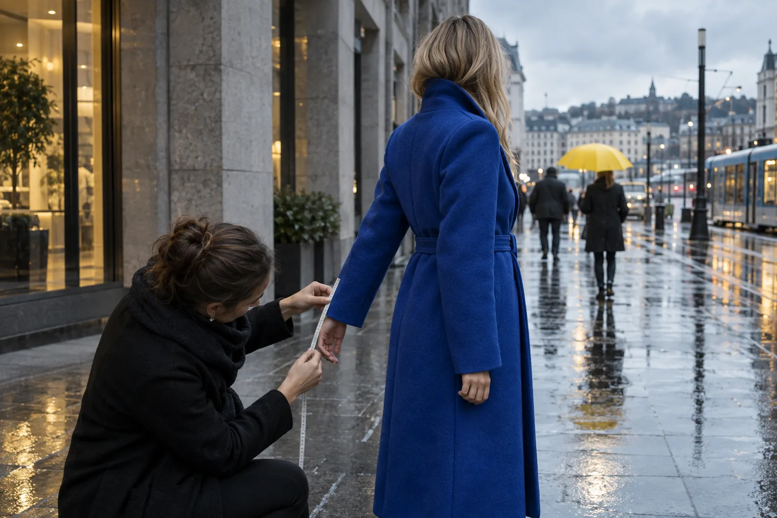 AI-generert foto av ermelengden på en blå kåpe som kontrolleres i en regnfull bygate