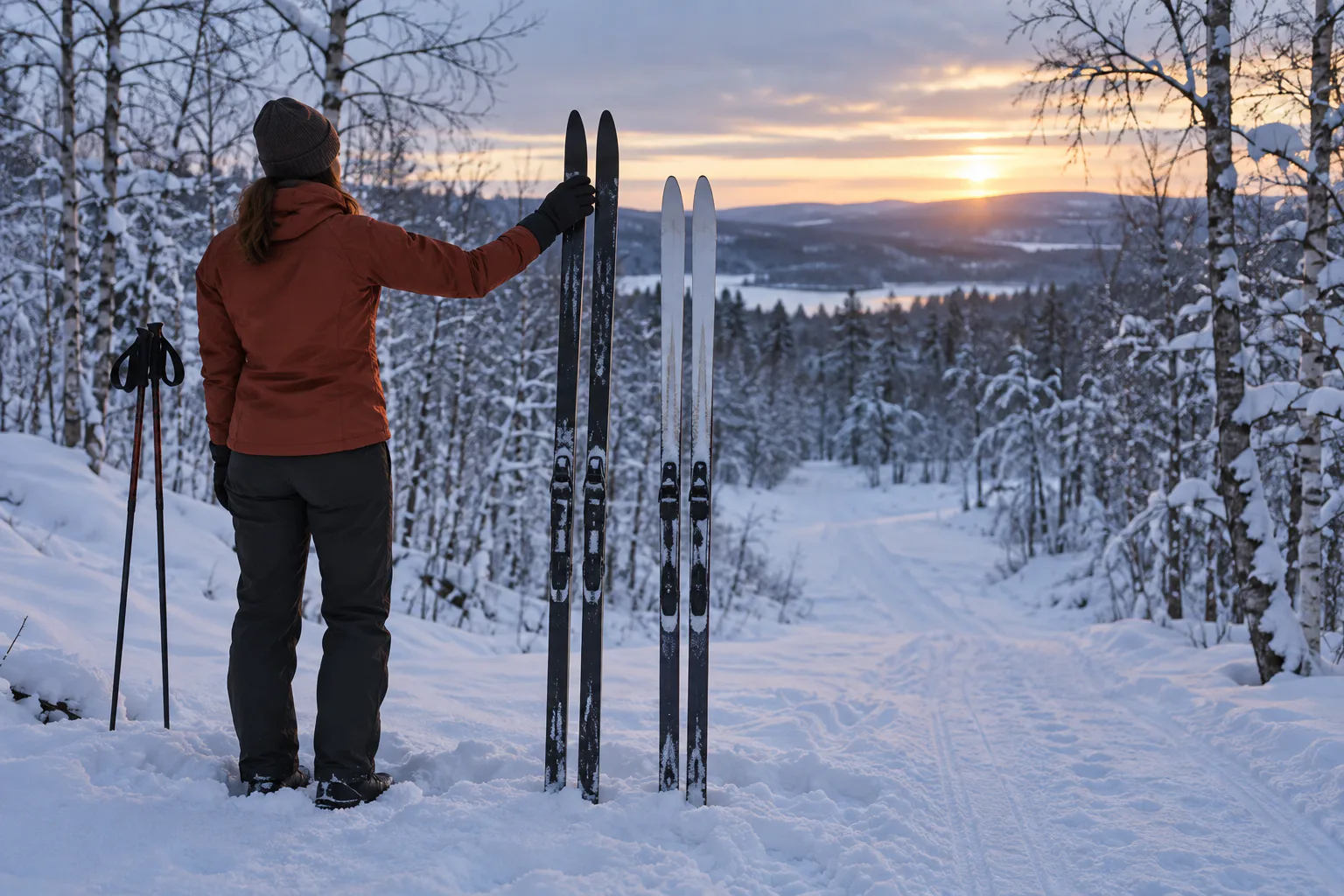 AI-generert foto av en skiløper som sammenligner to par langrennsski i et norsk vinterlandskap