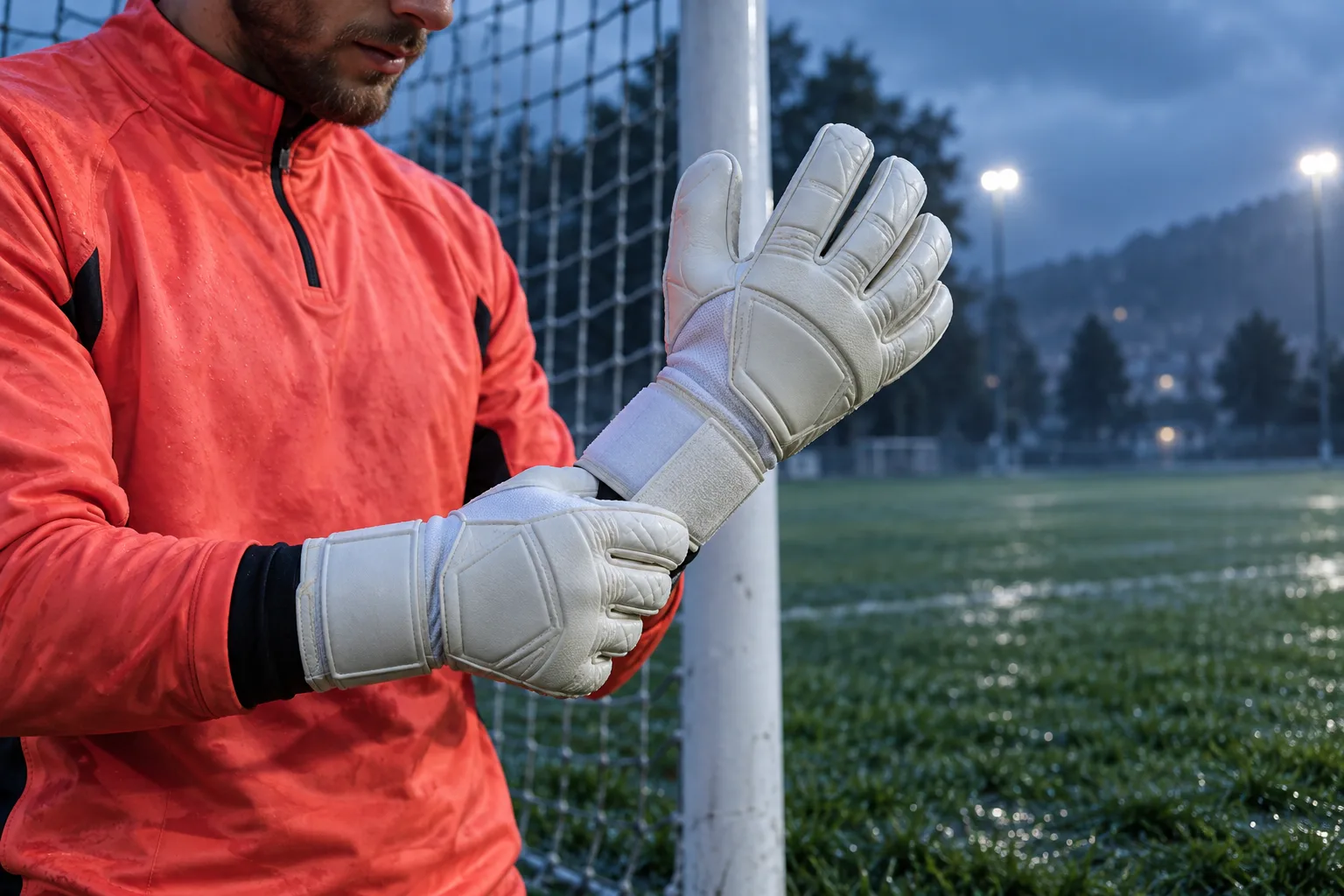 AI-generert foto av en keeper som strammer keeperhanskens håndleddsrem ved et fotballmål