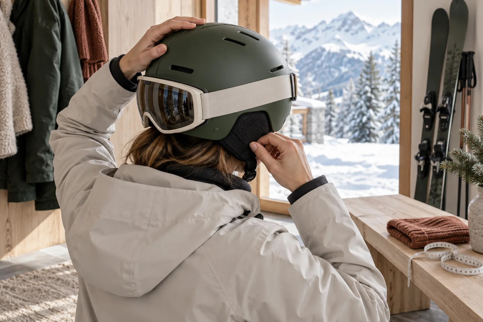 AI-generert foto av en person som kontrollerer passformen på skihjelm og skibriller