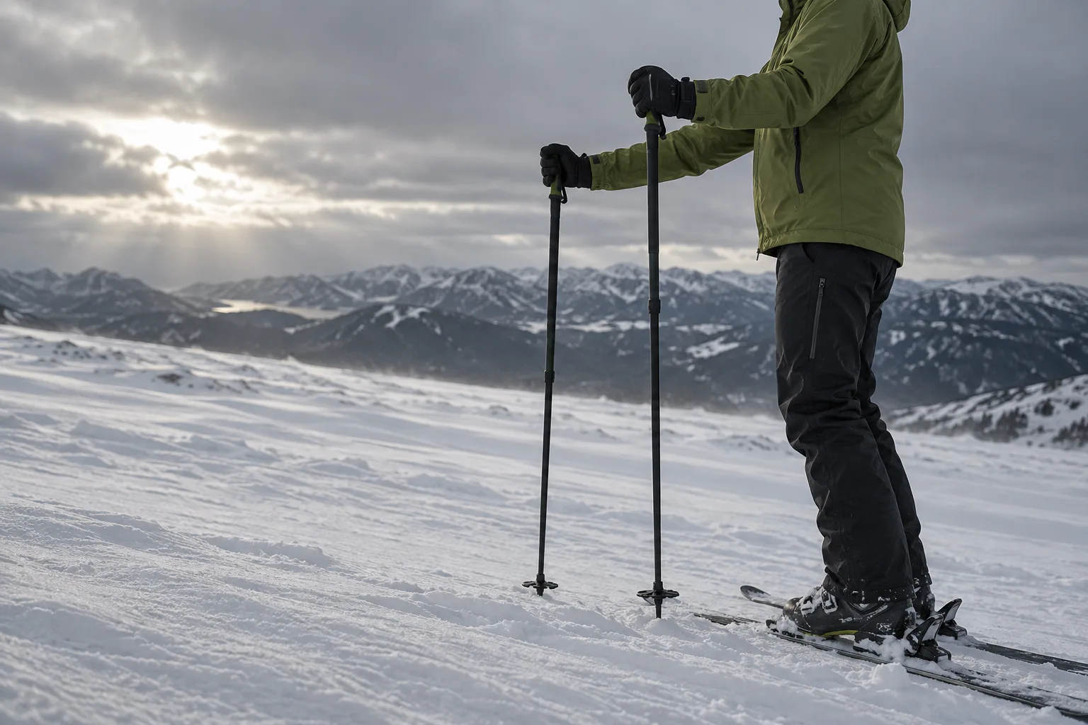AI-generert foto av en skiløper som sammenligner lengden på to skistaver